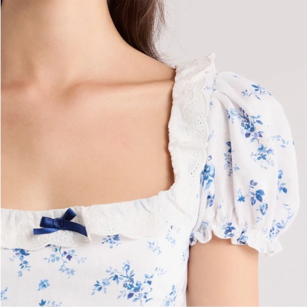 NEW Reformation Alice Lace Trim Puff Sleeve Crop Top Size 2
